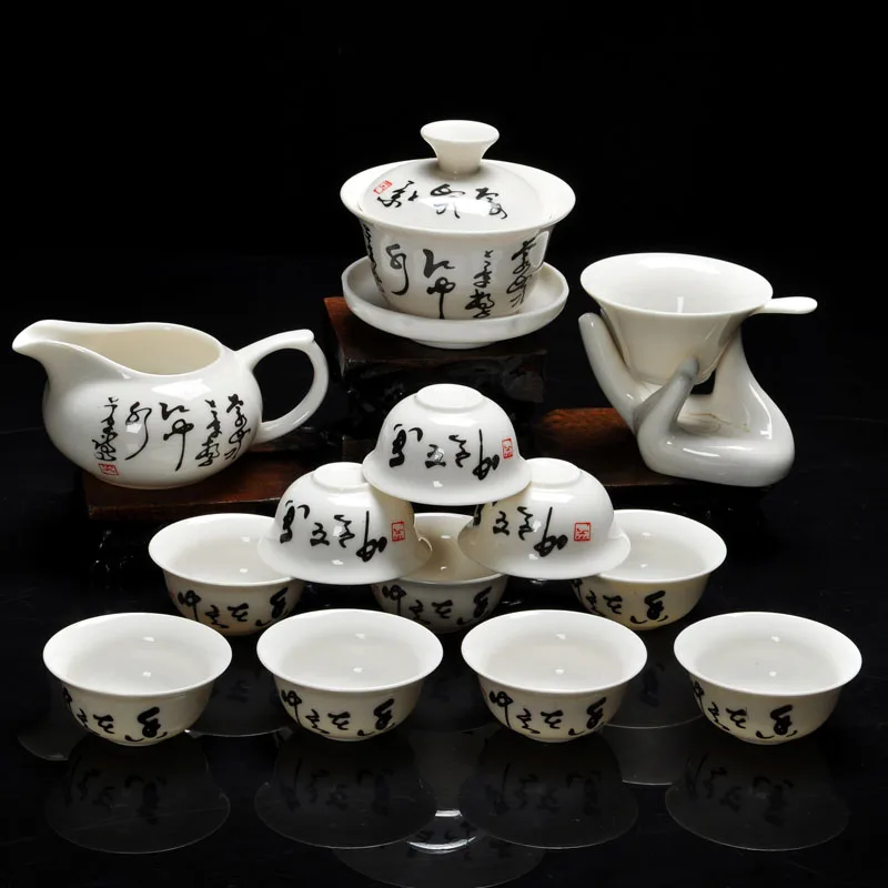 14 adet Kung Fu çay seti, Çin Desen Dahil Beyaz Sırlı Seramik Porselen Ejderha 10 adet çay fincanları ve Çaydanlık
