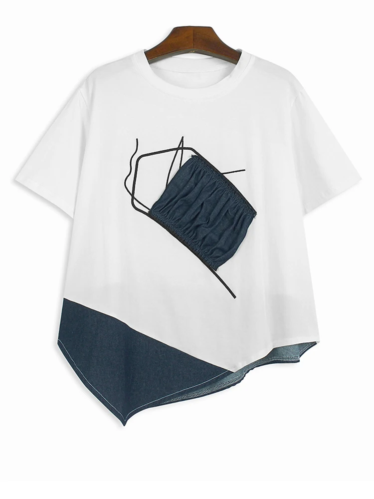 Женская Асимметричная джинсовая футболка черная плиссированная большого