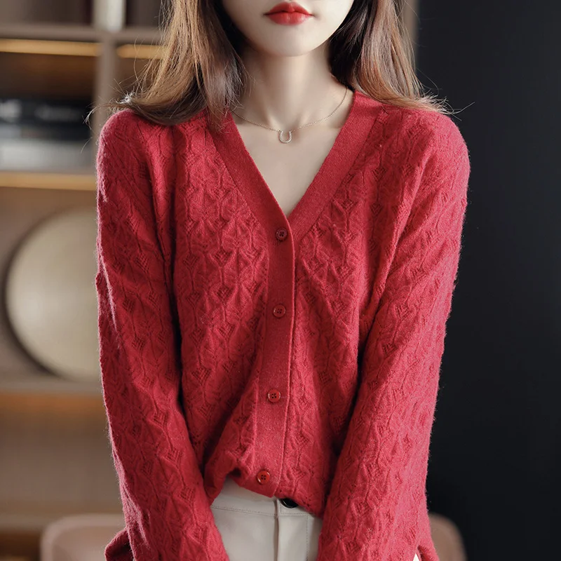 Spring And Autumn V-Neck Long-Sleeved Cardigan Women's Loose And Slim 100% Wool Sweater Solid Color Loose Knitted Jacket Top