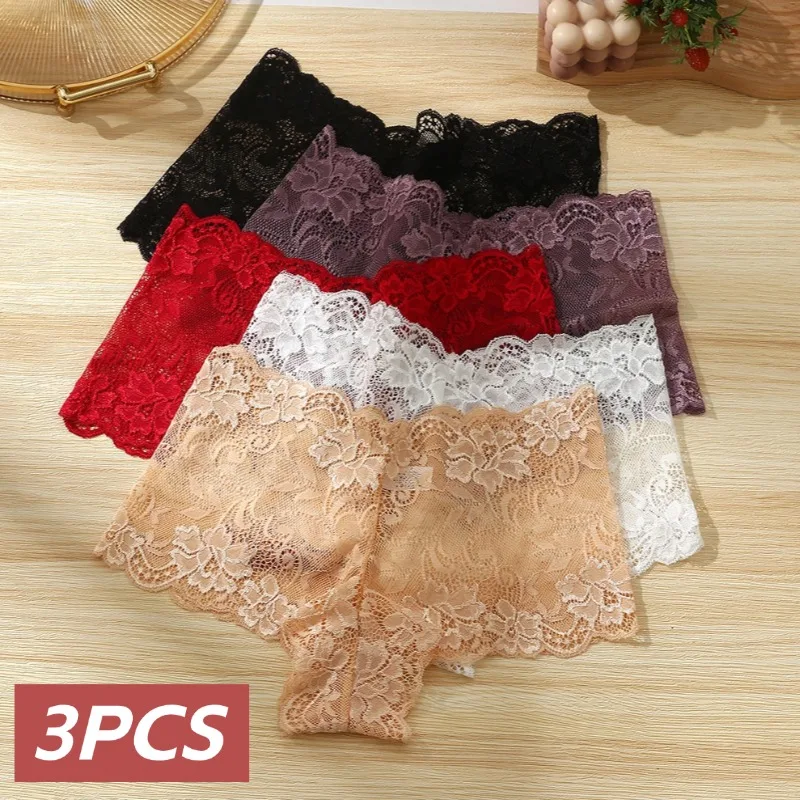Трусы-боксеры женские кружевные бесшовные со средней посадкой 3 шт