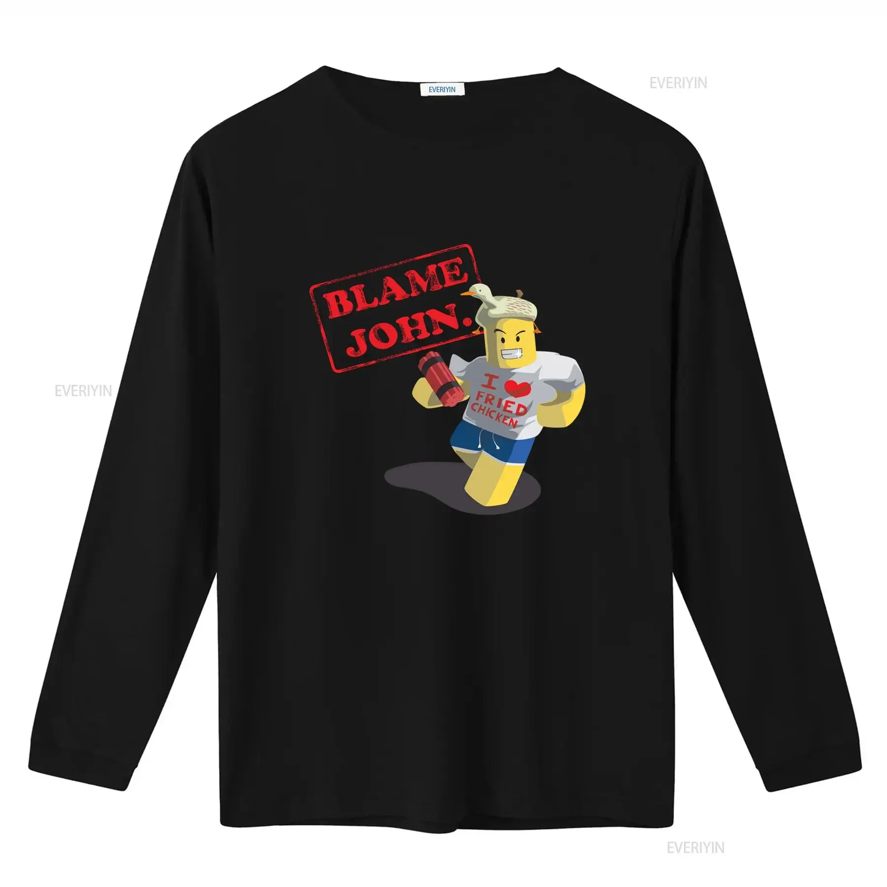 Фото Футболка Shedletsky Blame John с забавным принтом утки и дизайном «Я люблю жареную курицу» для повседневного ношения, винтажная, с эффектом потертости, универсальная, с графическим принтом №2