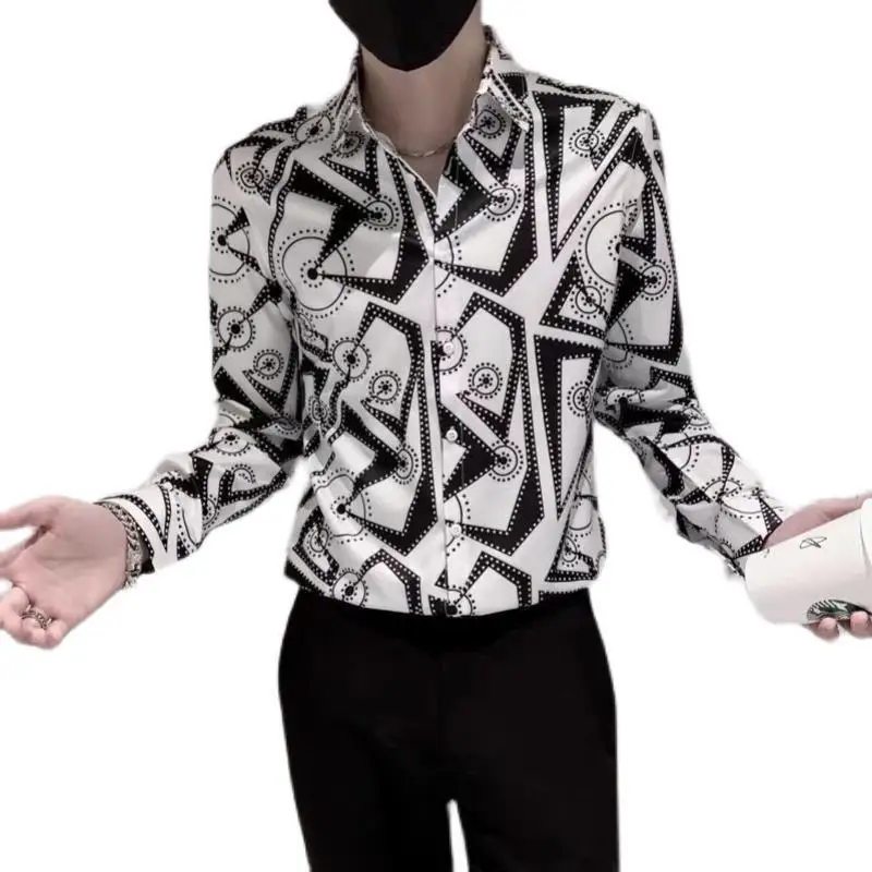 printed shirt Men's Long Sleeve Korean Style Popular Slim-Fitting Vintage Small Floral Men's Shirt Longsleeve Shirt for Men