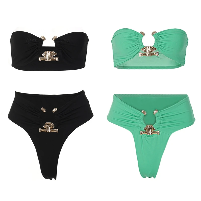 

H58D Women Two Piece Bathing Suit Strapless High Waisted Solid Color Tube Top Bikinis Swimsuits Sexy Push Up Bikinis Swimwear