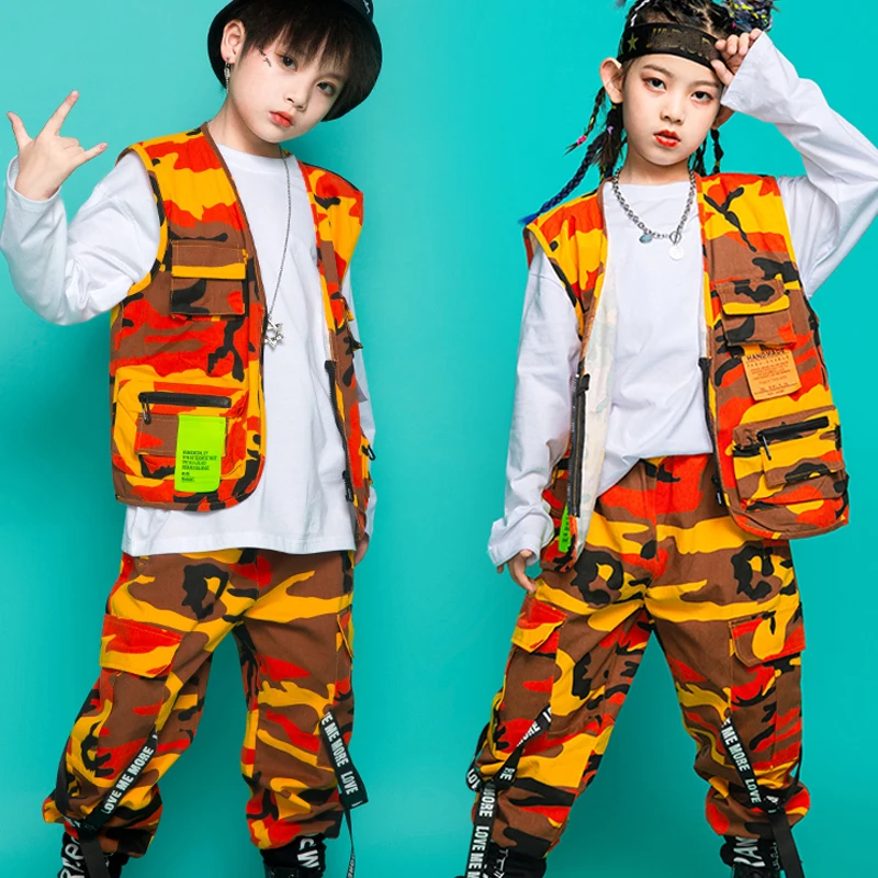 

Children'S Camouflage Loose Vest Cargo Pants Kpop Outfits Performance Rave Clothes Ballroom Hip Hop Dance Festival Wear DQS10107