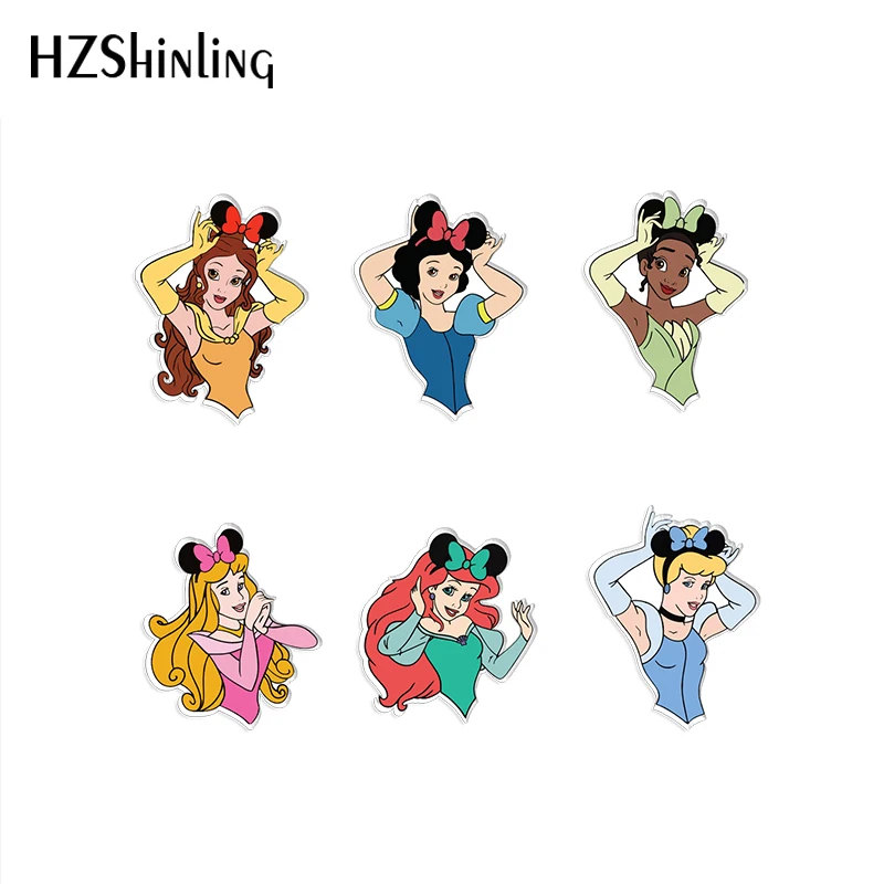 

2021 New Fashion Disney Princess with Mickey Minnie Ears Acrylic Brooch Pin Handcraft Epoxy Resin Clothing Badge Pins