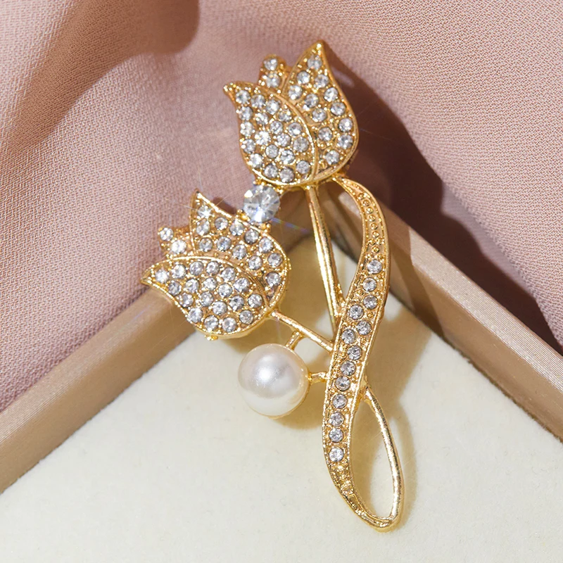 Корейский новый двойной цветок тюльпана с блестящей брошью из кубического