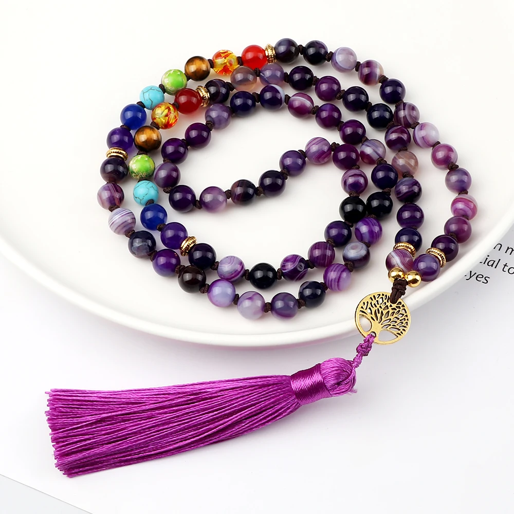 

Women Lucky Purple Agates Necklace 108Mala Natural Stone Chakra Reiki Knotted Life Tree Pendant Necklace Yoga Meditation Jewelry