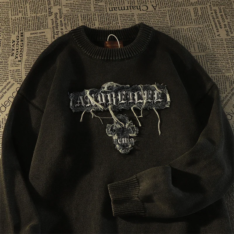 

High Street Vintage Cross Tassel Loose Embroidery Outer Wear Sweaters American Hip Hop Streetwear Sweater Female Pullover Jacket