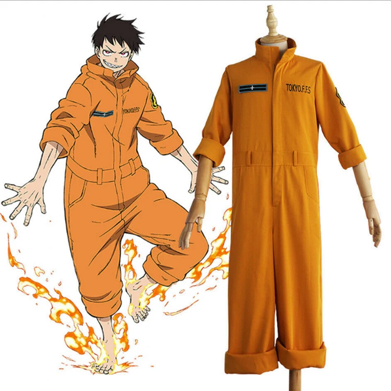 

Anime Fire Force Shinra Kusakabe Cosplay For Man Orange Jumpsuit Fireman Uniform Halloween Costumes For Woman