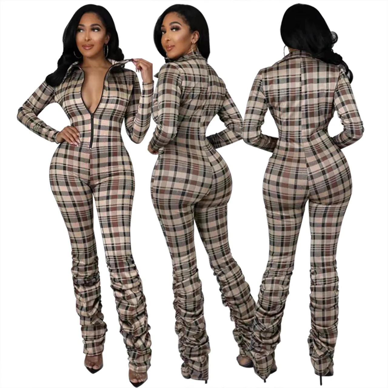 

Two Piece Sets Women Plaid Print High Waist Leggings + Sexy Zipper Crop Tops Suit Female Long Sleeve Outfits Casual Tracksuits