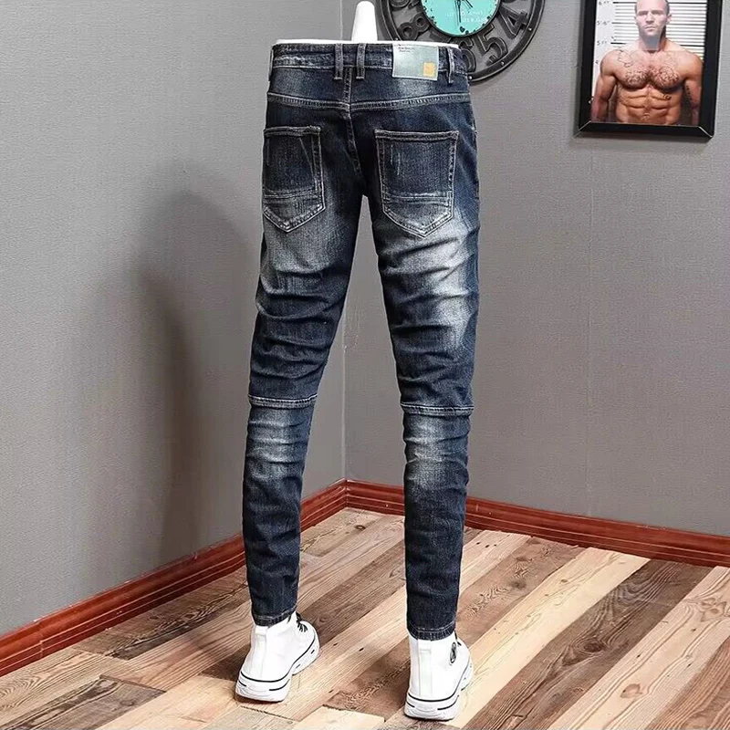 Fashion Streetwear Men Jeans Retro Black Blue Elastic Slim Ripped Jeans Men Spliced Designer Hip Hop Denim Biker Pants Hombre