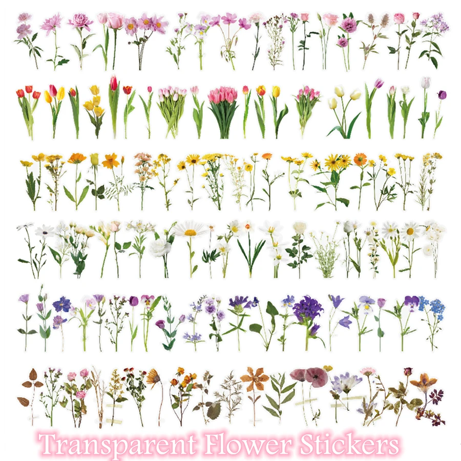 40 PCS Transparent Flower Stickers PET Designs Vintage Floral Plant Series Decorative Scrapbook Decals Stickers for Teens Girls