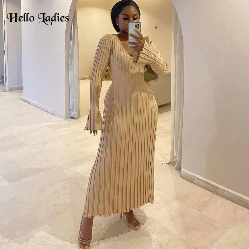 

2023 Winter Casual V-neck Women Knitted Dress Autumn Elegant Ribbed Long Sleeve Bodycon Dress Ladies Fashion Streetwear Dresses