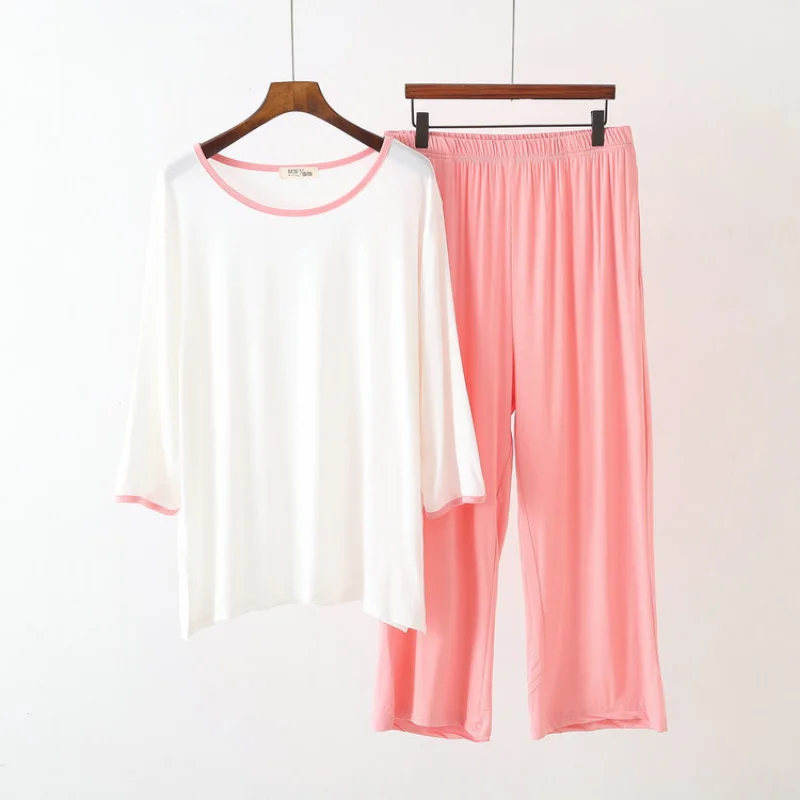 The New Women Pajamas Modal Cotton Pajama Sets Plus Size T-shirt Color Contrast Sleepwear Light and Soft Loose Pijama Woman Set