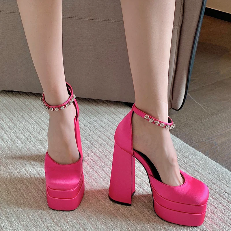 

New Women Pumps Plus Size 2022 Fashion Ladies Heels Sandals Sexy Slides Female Rhinestones Square Toe Party Platform Shoes
