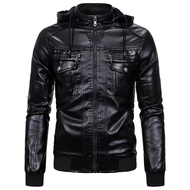 Pure European code 2023 men's PU leather jacket plus velvet warm leather classic imitation sheepskin hooded leather jacket 1603