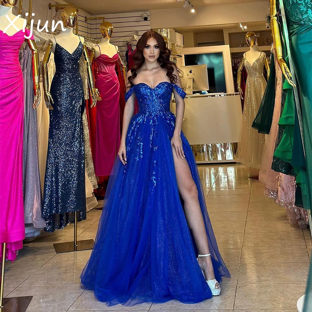 

Xijun Royal Blue Tulle Evening Dresses Lace Appliques Beadings Off the Shoulder A-Line Prom Dress Party Gown vestidos de noche