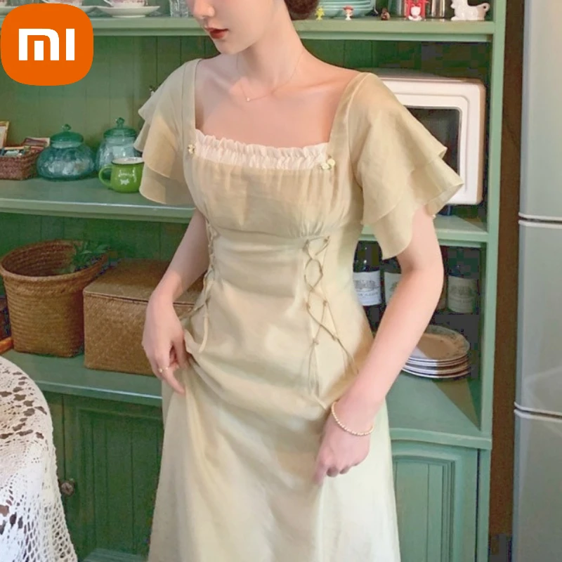 

Женское элегантное платье Xiaomi во французском стиле, дизайнерское нежное Бандажное платье в стиле ретро с квадратным вырезом, летнее платье ...