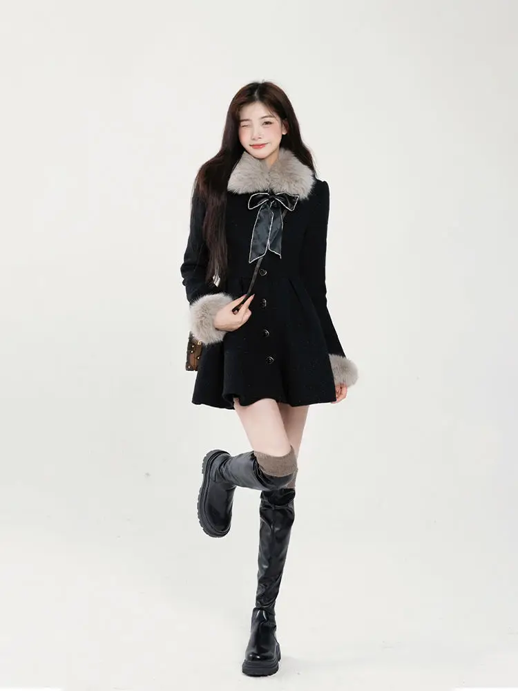 

2023 Winter Elegant Long Sleeve Mini Dress Sweet Warm Thickened Faux Fur Collar Woolen Dresses Women Vintage A-line Party Dress