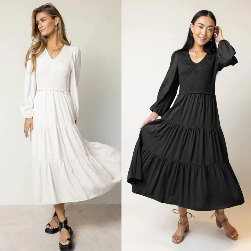 

Длинное плиссированное платье, женское платье с V-образным вырезом, Повседневное платье, осенние платья-футболки, весеннее платье, богемное ...