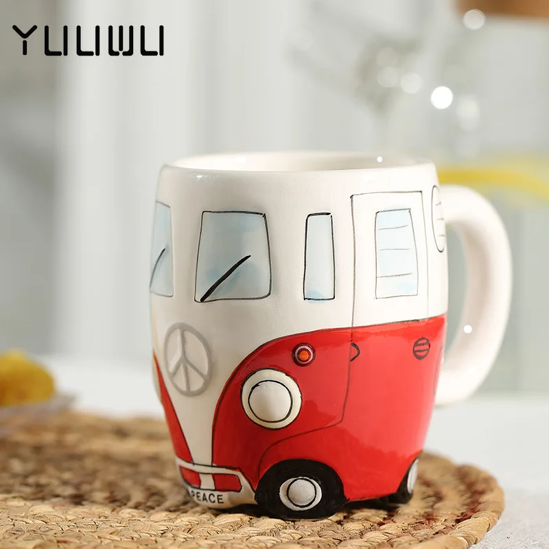 

400ml Creative Hand Painting Double Bus Mugs Retro Ceramic Cup Coffee Milk Tea Mug Drinkware Novetly Gifts
