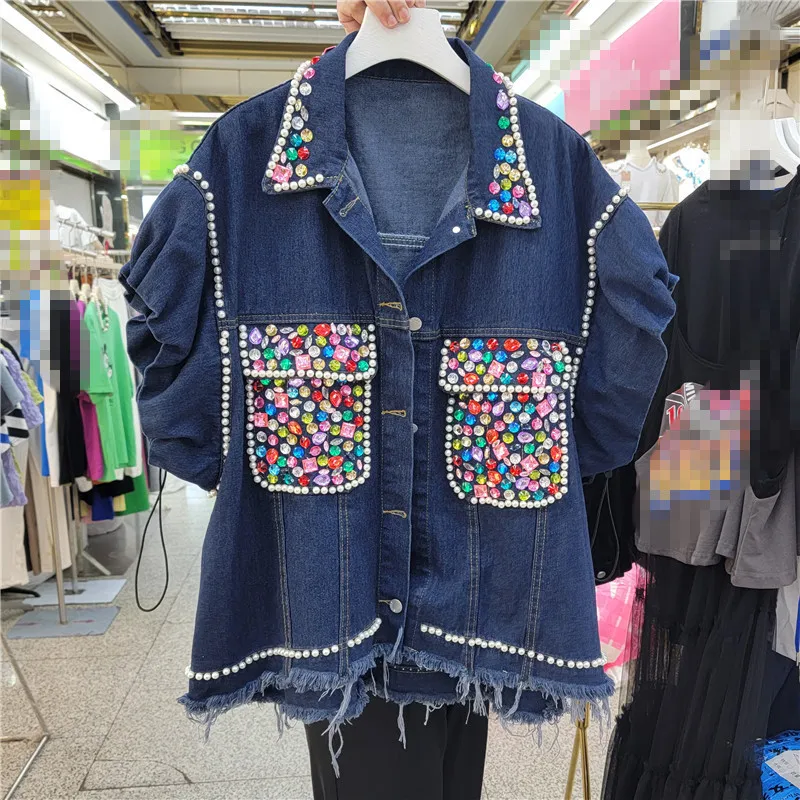 

Multicolor Beading Diamonds Pocket Denim Vest Women Waistcoat Mid Long Cowboy Sleeveless Jacket Hem Frayed Jeans Vests Female