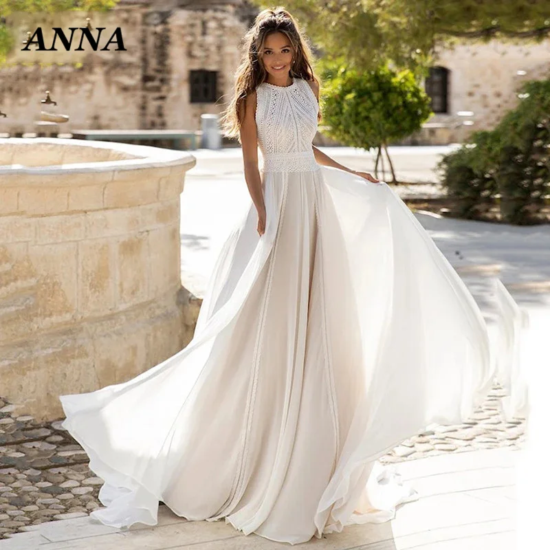 

Anna Beauty Wedding Dress 2022 Bohemia Halter Beach Bride Gown Simple Robe De Mariee Tulle Pattern Vestido De Novia for Women