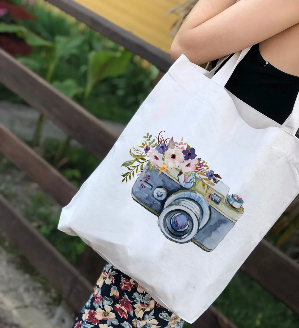 

Fashion Vintage Camera Print Reusable Shopping Bag Travel Shoulder Tote Shoulder Bags Foldable Book Harajuku Aesthetic Shopper