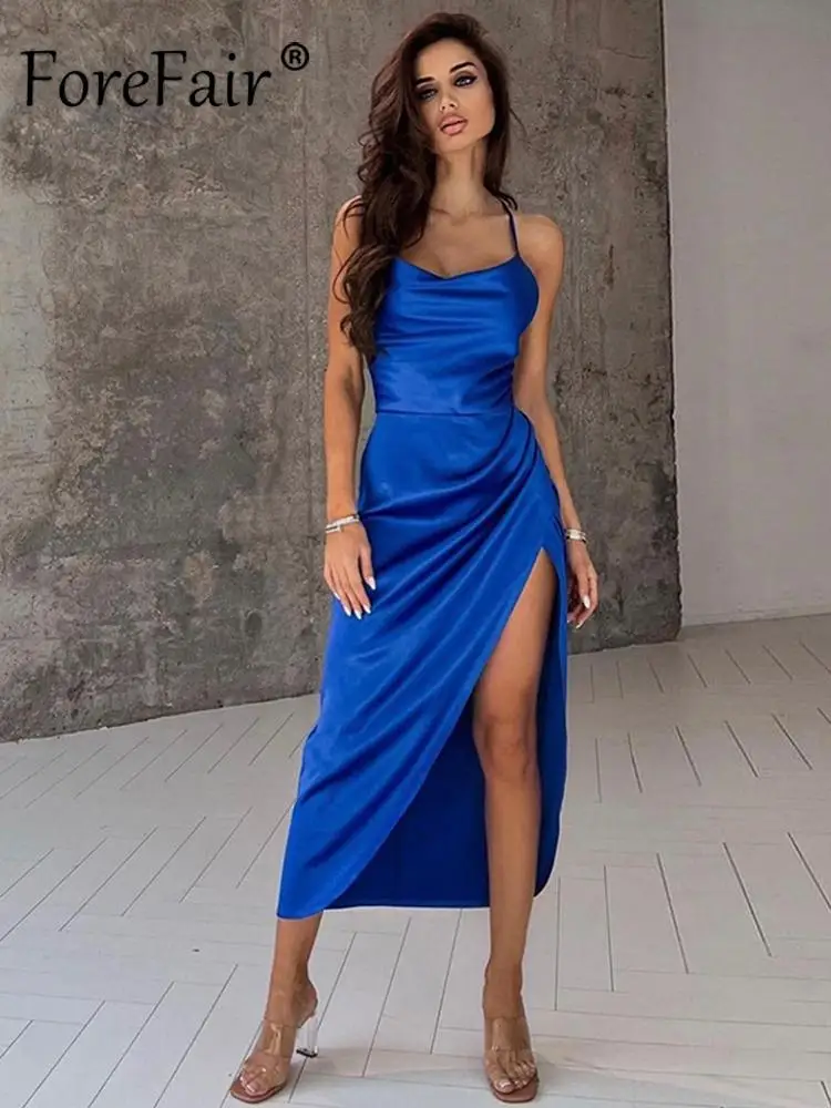 

Forefair Satin Backless Lace Up Sexy Dress Women Slit Ruched Sleeveless Spaghetti Strap Dresses Women Beach Casual Elegant
