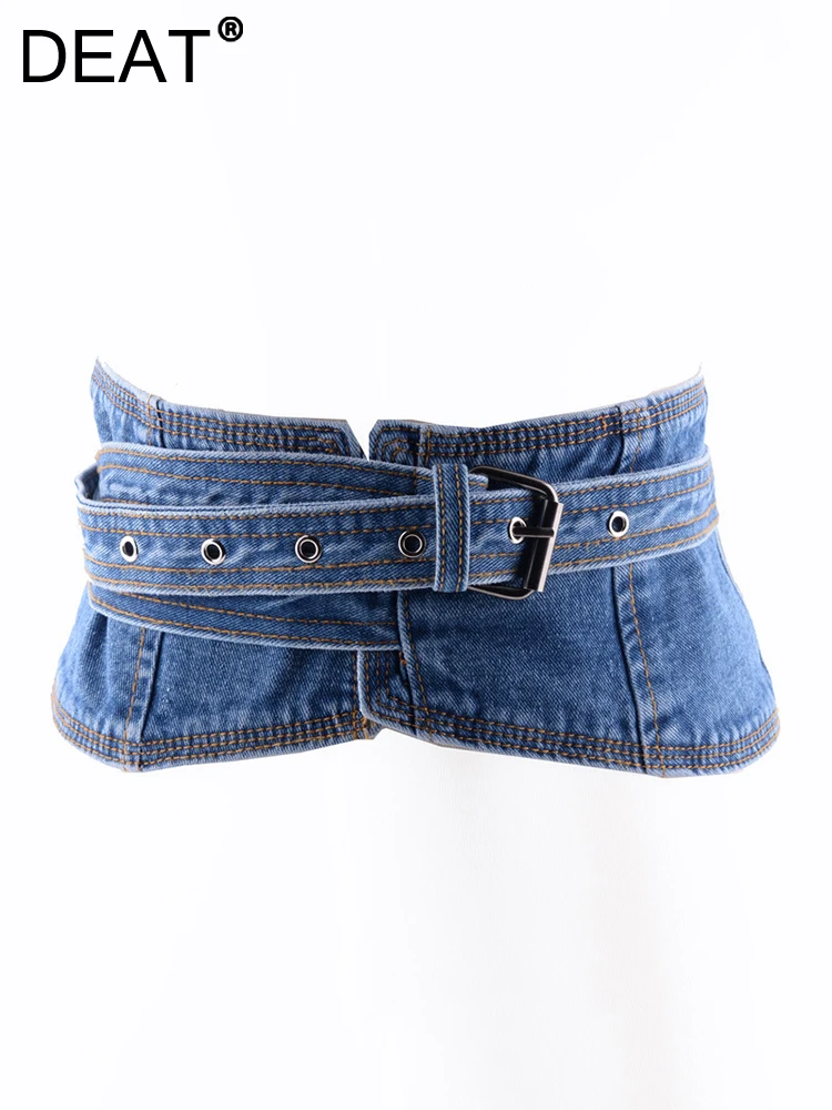 DEAT Women's Denim Belts Mid Waist Bicyclic Patchwork Metal Buckle Lace Up Solid Color Waistband 2023 Summer New Fashion 29L342H