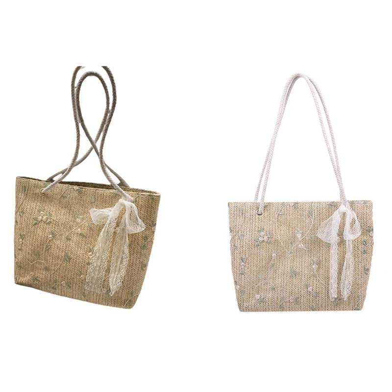 

Женская соломенная сумка в форме купола, простая кружевная маленькая тканая сумка с цветами, пляжная сумка в западном стиле, сумка-тоут чере...