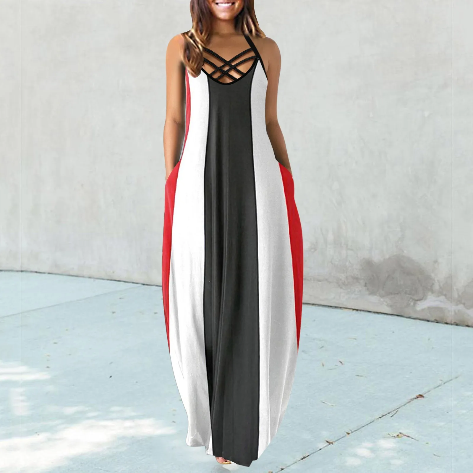 

Summer Fashion Striped Long Dress For Women O Neck Print Sleeveless Pocket Cross Strap Large Size Maxi Dresses Loose Robe Femme