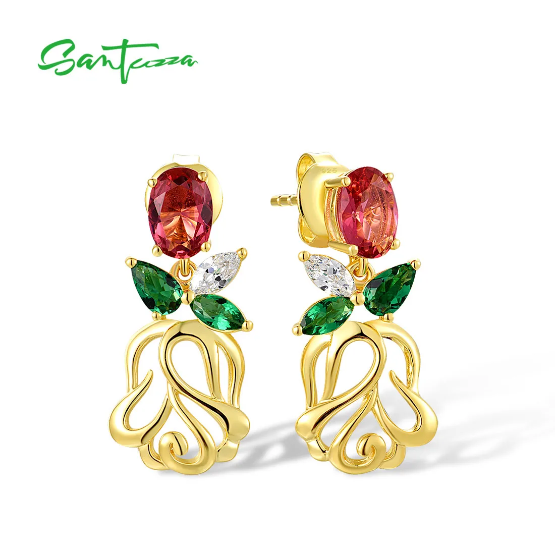 

SANTUZZA Authentic 925 Sterling Silver Stud Earrings For Women Red Green Stones White CZ Rose Flower Dangling Fine Cute Jewelry