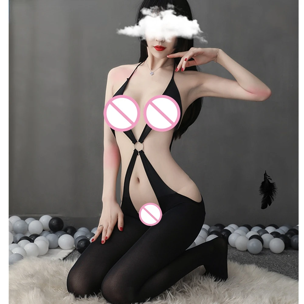 

Сексуальное Черное Женское боди с лямкой на шее, боди для секса, Женское боди с открытой промежностью груди, эластичное нижнее белье с откры...