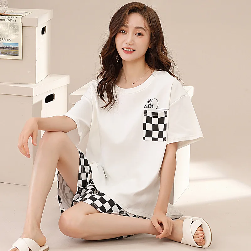 Women's Sleepwear Summer Thin Cool Feeling Short-sleeved Shorts Pure Cotton Pajamas Printed Nightwear Comfortable Loungewear