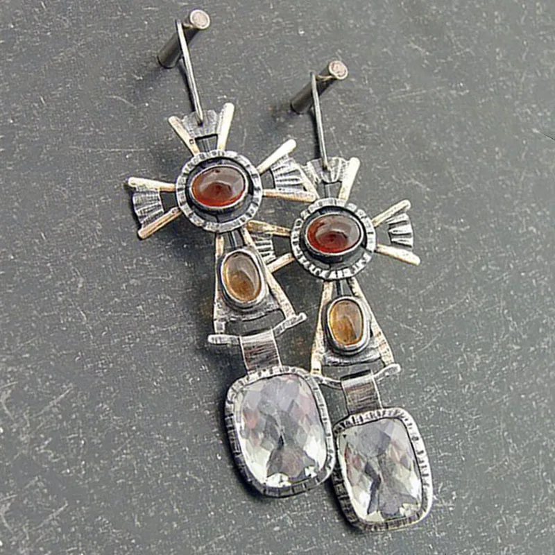 

Luxury Females Vintage Earrings Geometry Metal Inlay Oval Red and Orange Cat's Eye Stone Dangle Earrings For Womens Jewelry