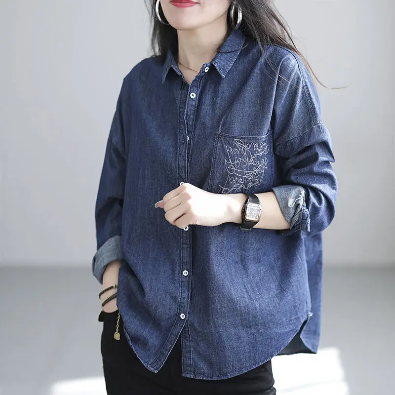 

Women Denim Blouses Long Sleeve Turn Down Collar Loose Shirt Spring Autumn Chic Jean Shirts Oversized Female Casual Tops