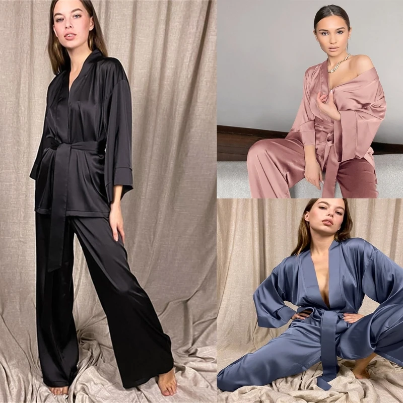 

MXMB Silky Satin Pajamas for Women Long Sleeve V-Neck Belted Robe Top with Wide Leg Pants 2 Piece Lounge Sets Soft Sleepwear