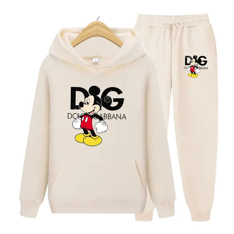 

2022Disney Mickey Cotton Print Spring and Autumn Men's and Women's Sports Sweater Hoodie Set Kawaii Anime Men's and Women's Sets