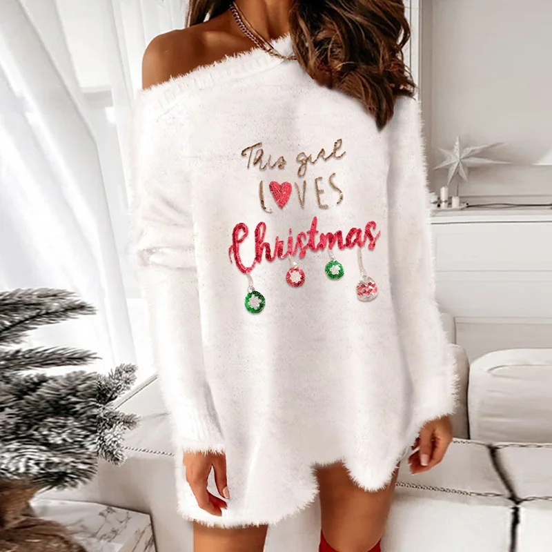 

Autumn New Women Clothing Christmas Jacquard Loose Knitted Dress Elegant O Neck Long Sleeve Festival Party Dress Fashion Dresses
