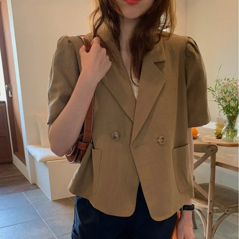 Korean Fashion Chic Puff Sleeve Blazer Jacket Short Sleeve Buttons Pockets Linen Wild Short Outerwear 2021 Autumn Women Clothes
