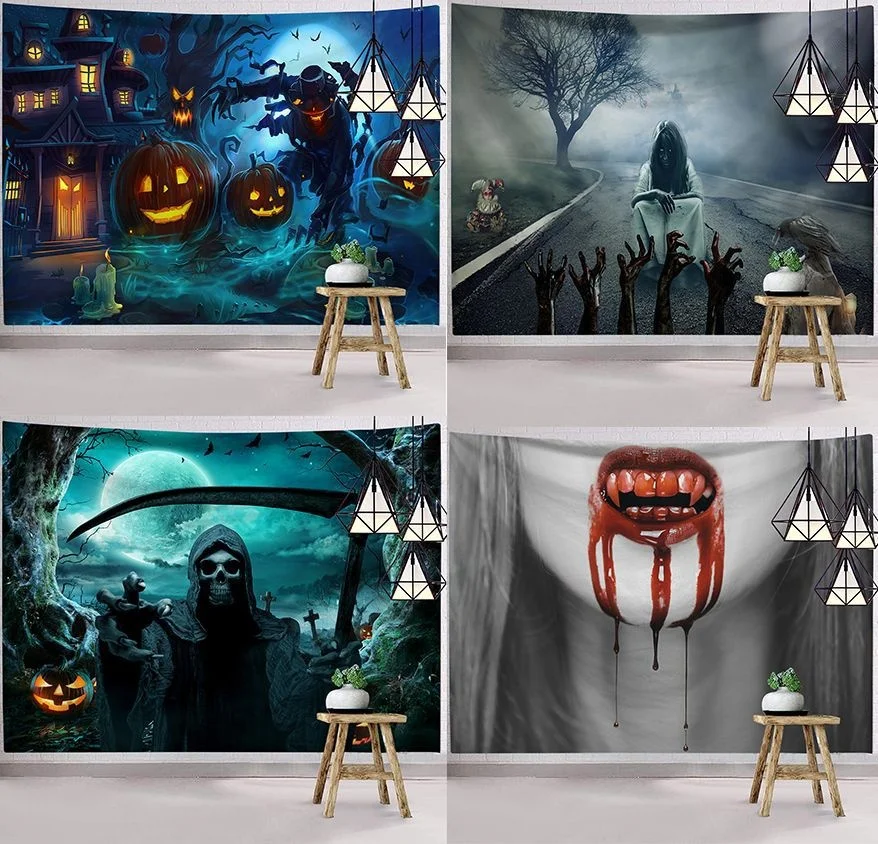 

Dark Halloween Horror Tapestry Afraid Zombie Wall Hanging Witch Esoteric Mystery Woman Tapestry Home Decor Festival Backdrops