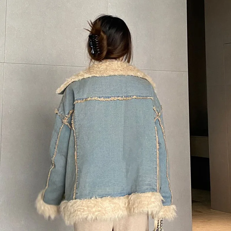 Зимняя новая американская женская джинсовая куртка с воротником верхняя одежда