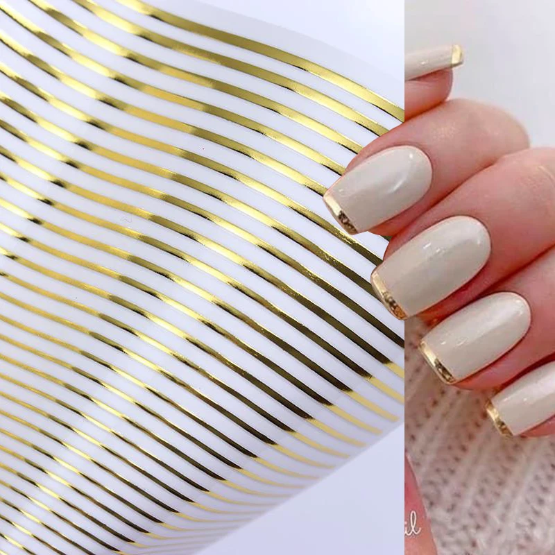 French Line Stripe 3D Nail Stickers Gold Silver Metal Lines Nail Transfer Stickers Multi-size Strip Wave Decoration Decal Tips