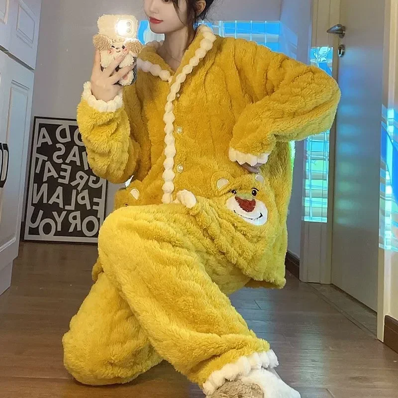 

Фланелевая одежда, комплект для студентов, флисовая одежда для дома, зима-осень 2023, толстая Коралловая Домашняя одежда, новая теплая Пижама для женщин