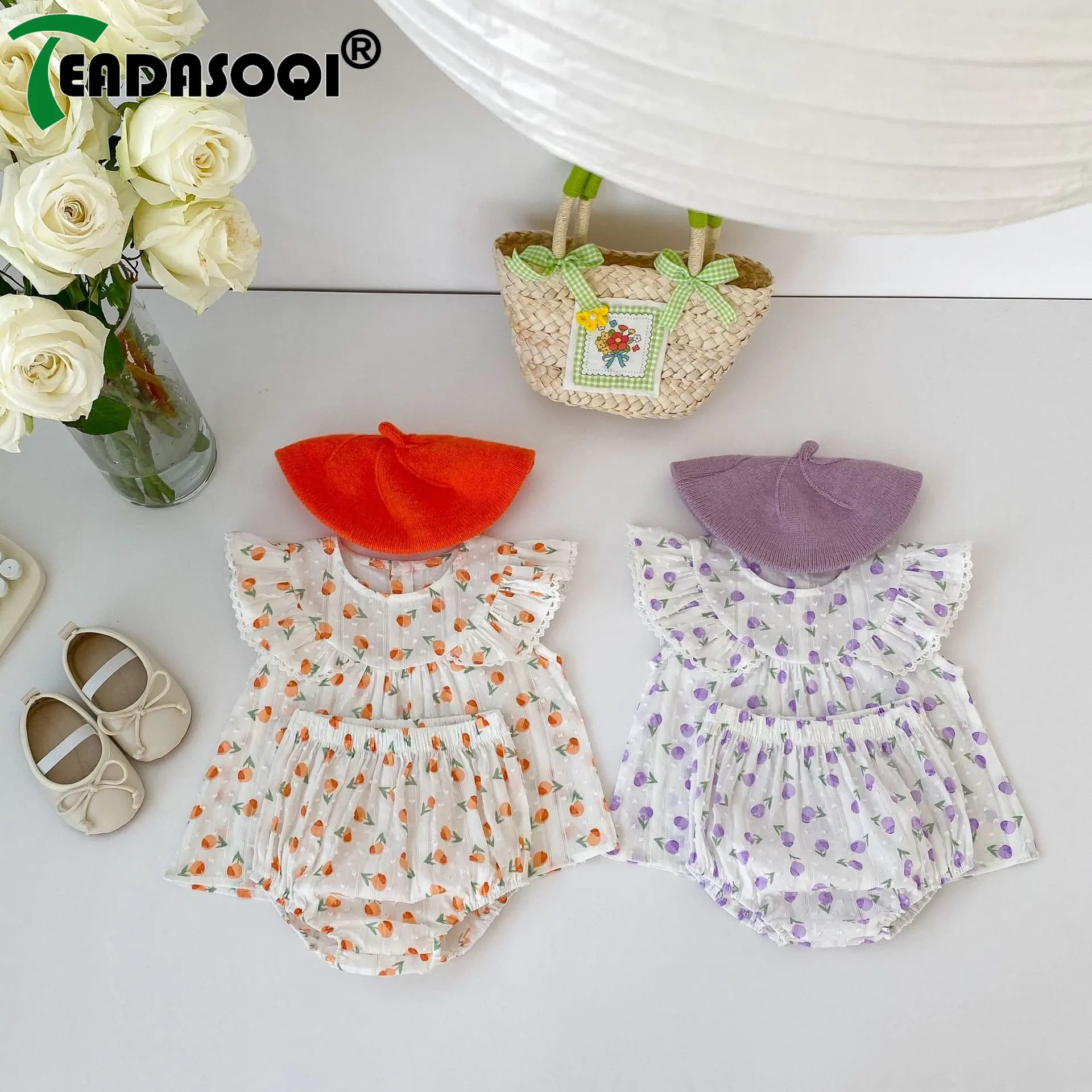 

Pretty Two-Piece infant kids clothes Tulip Embroidered Summer Set Flutter Sleeves top t-shirts+Triangle Shorts Baby Girls thin