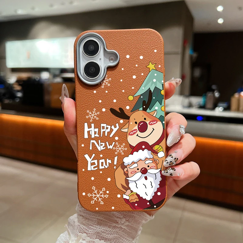 Для iPhone 16 Pro Max Чехол Рождественский Санта-Клаус Лось Олень Кожаная Текстура