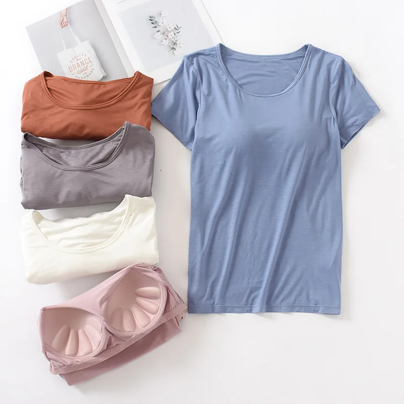 

NORMOV Cozy T-Shirts with Chest Pad Womens Clothing 2022 Latest Fashion Shirt Female Round Neck Blouse No Wearing Bra Tops