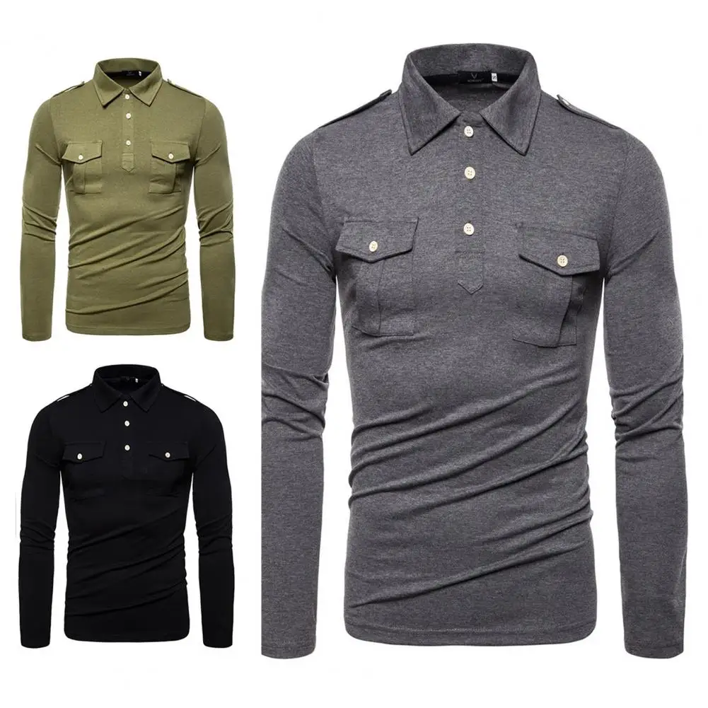 

Легкие мужские топы с отложным воротником и большими карманами, повседневная Осенняя рубашка, удобная для улицы