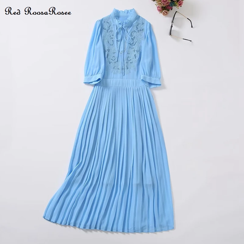 

Женское плиссированное платье с вышивкой RoosaRosee, красное дизайнерское синее платье с рукавом до локтя и воротником-стойкой, осень 2022